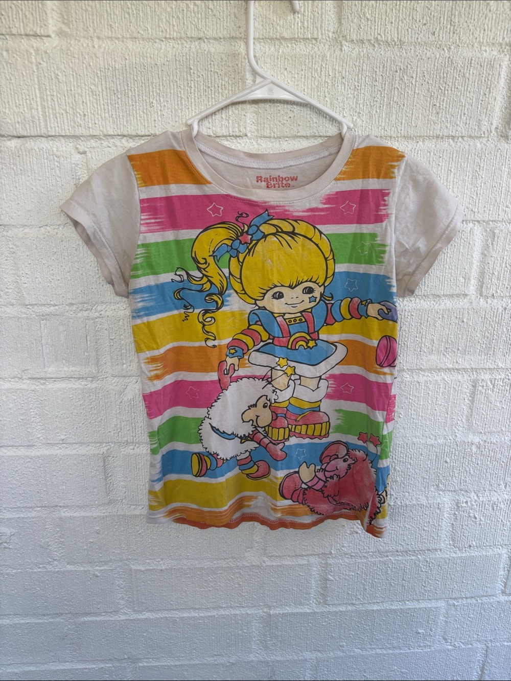Vintage Rainbow Bright Multicolor Striped Graphic Girls Tee sz XL